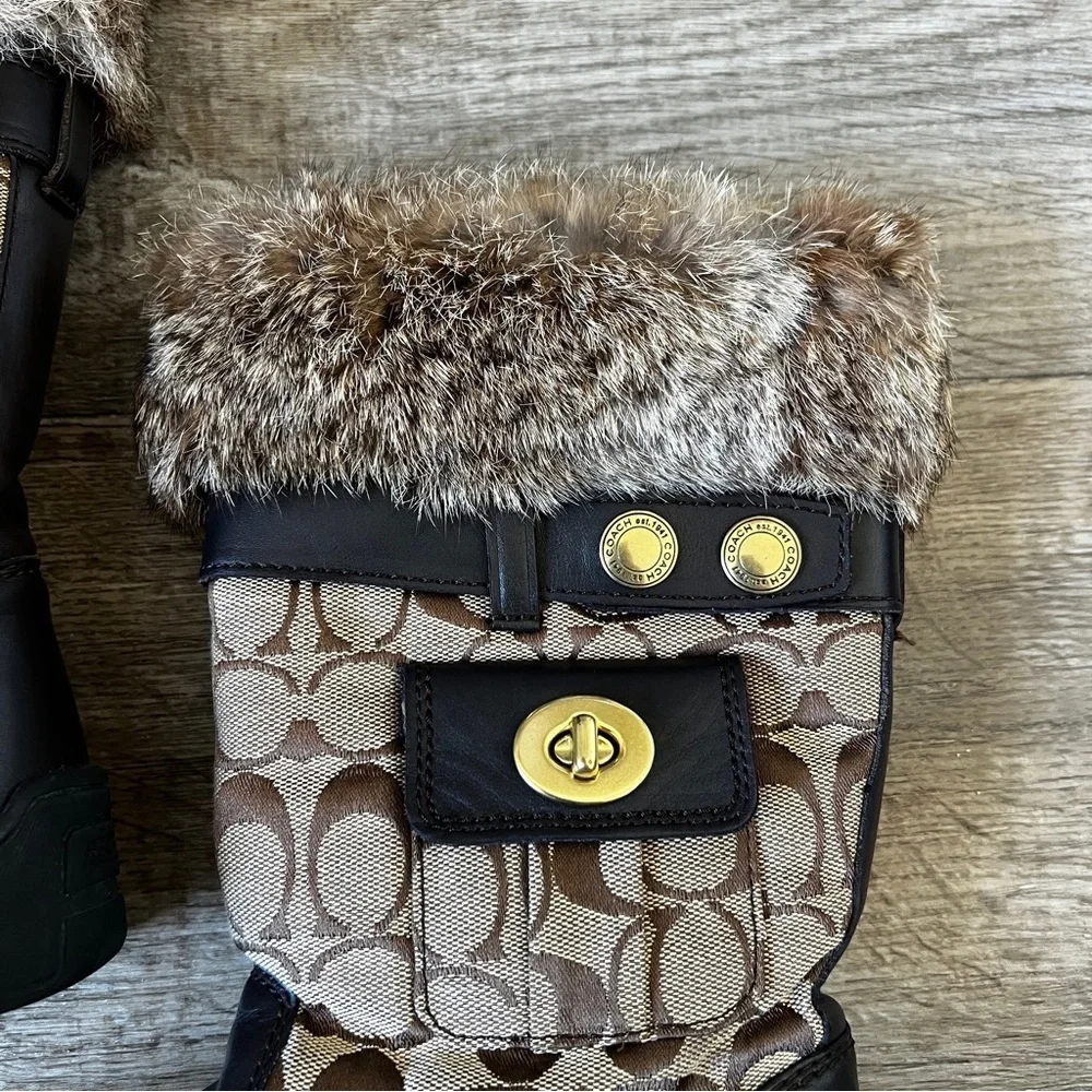 Coach Kimberly Vintage Genuine Rabbit Fur Trim Winter Boots with Coach Logo